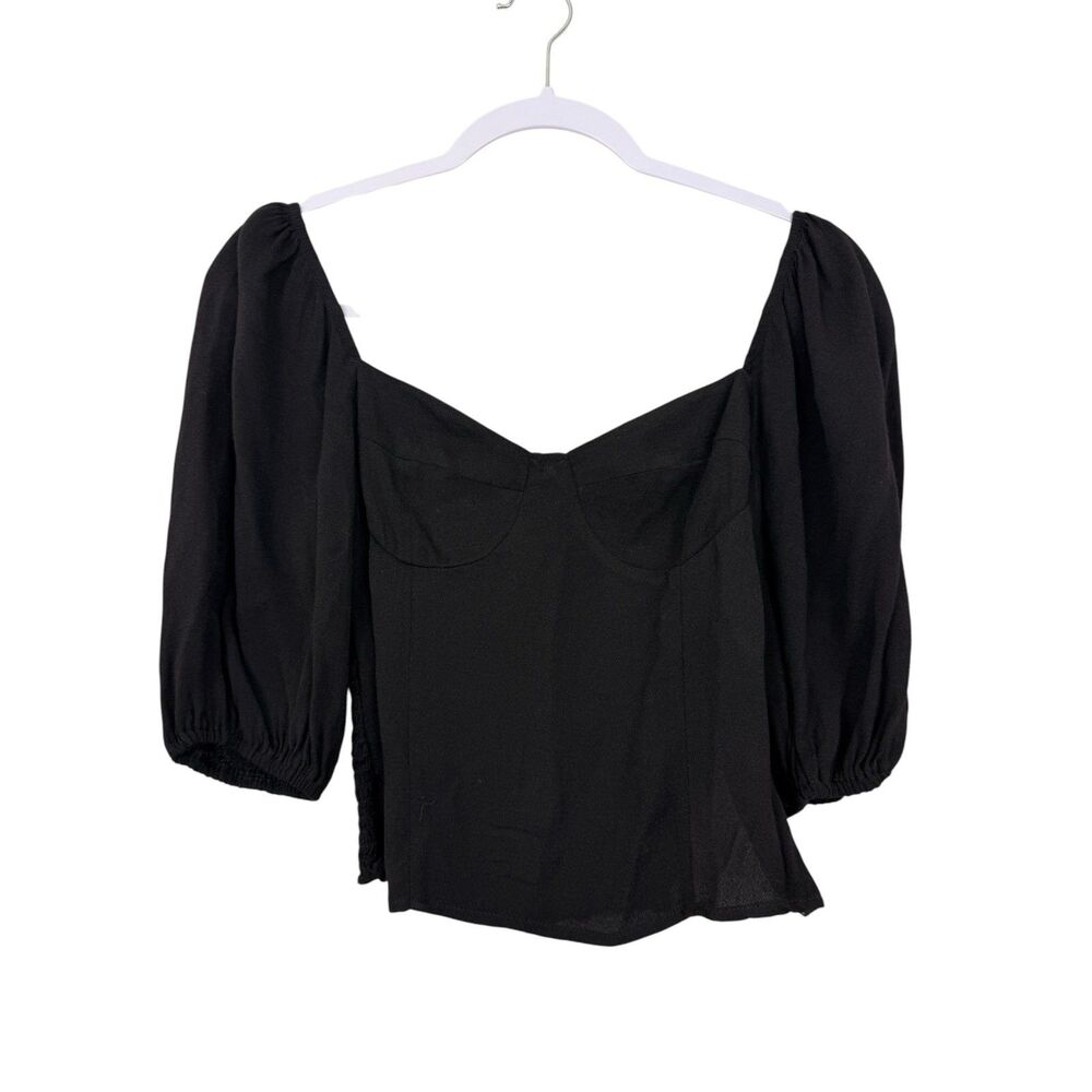 Reformation Lua Crop Top Size 0 Black Short Balloon Sleeves Smocked Zipper Side